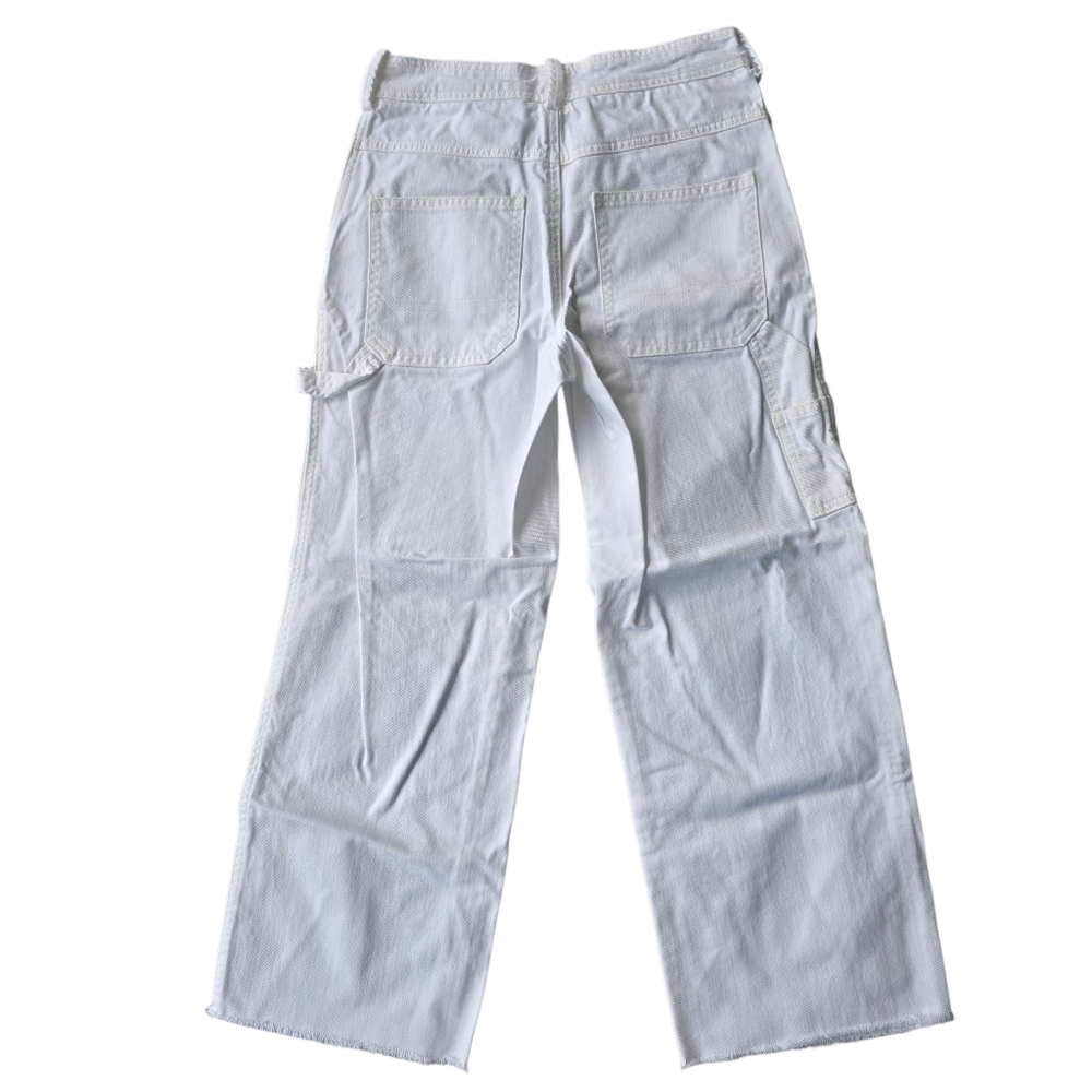 Free People White Wide Leg Painter Utility Jeans Frayed Hem 100% Cotton Size 0 - Picture 3 of 4